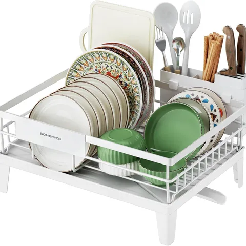 BOXED SONGMICS DISH DRYING RACK, DISH DRAINER RACK FOR KITCHEN COUNTER, 360° ROTATABLE AND EXTENDABLE SPOUT, DRAINING BOARD, WITH CUTLERY HOLDER, 31 X 42 X 18.5 CM, CLOUD WHITE