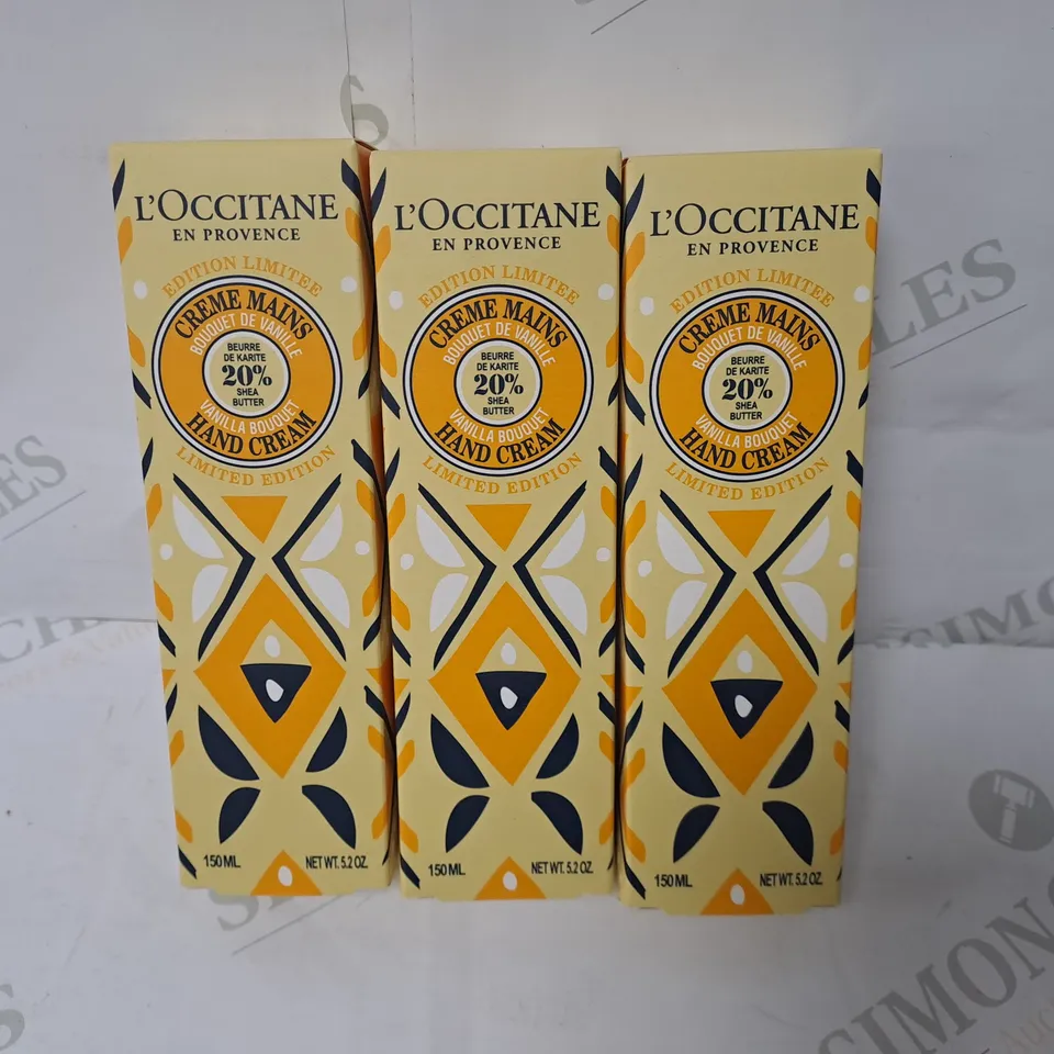LOT OF 3 L'OCCITANE EN PROVENCE 150ML VANILLA BOUQUET HAND CREAMS
