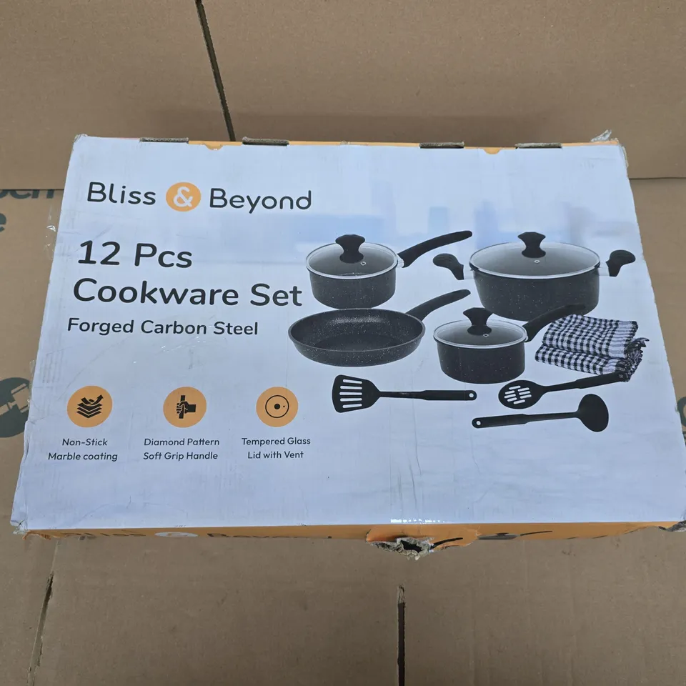 BLISS & BEYOND 12-PIECE COOKWARE SET – FORGED CARBON STEEL, MARBLE-COATED NON-STICK (BOXED)