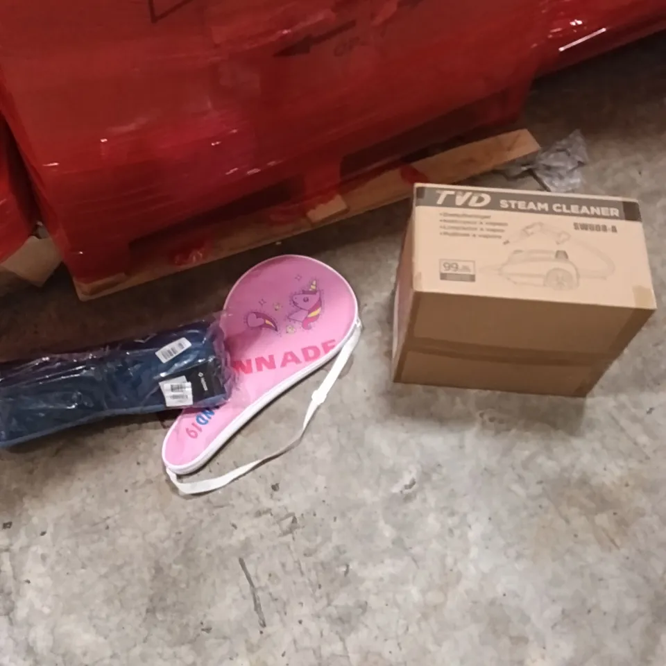 PALLET CONTAINING A LARGE QUANTITY OF ITEMS TO INCLUDE - KIDS TENNIS RACKET, STEAM CLEANER, SUNSET CHAIR ETC