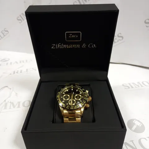 MENS ZIHLMANN & CO Z400 WATCH β CHRONOGRAPH MOVEMENT β GOLD COLOUR STAINLESS STEEL STRAP β BLACK DIAL β 3ATM WATER RESISTANT