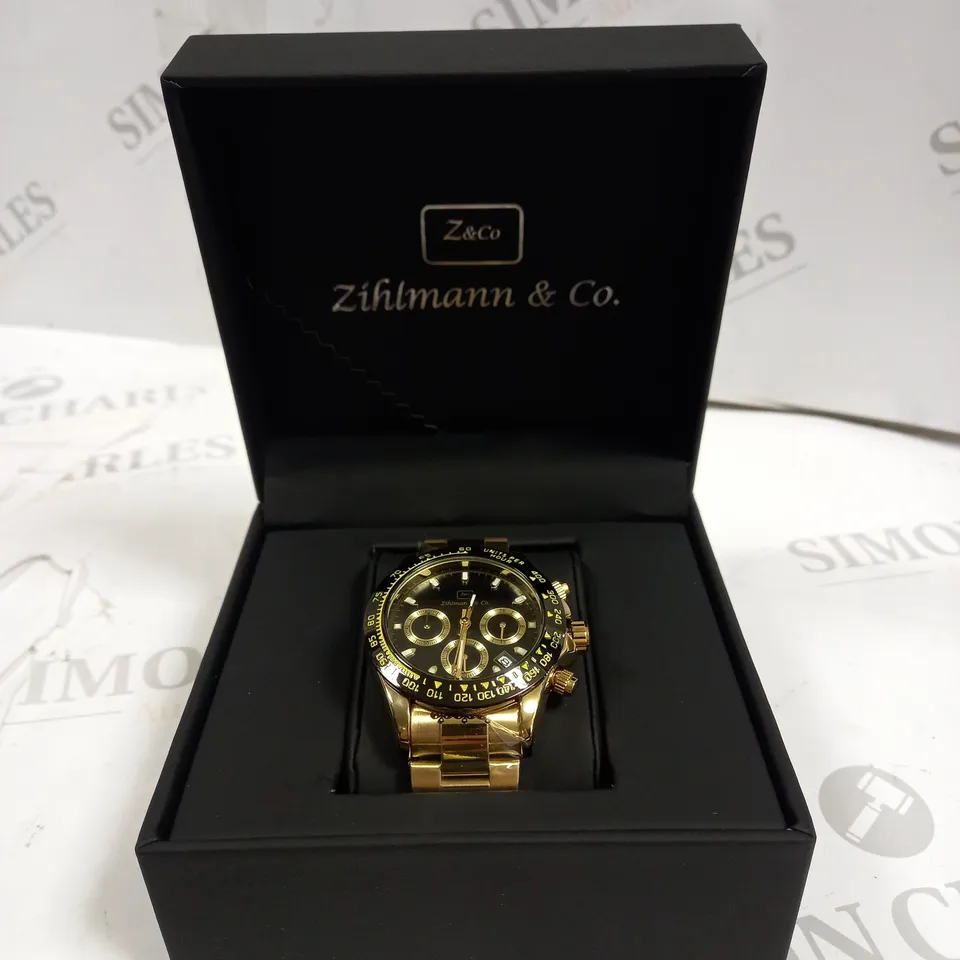 MENS ZIHLMANN & CO Z400 WATCH – CHRONOGRAPH MOVEMENT – GOLD COLOUR STAINLESS STEEL STRAP – BLACK DIAL – 3ATM WATER RESISTANT