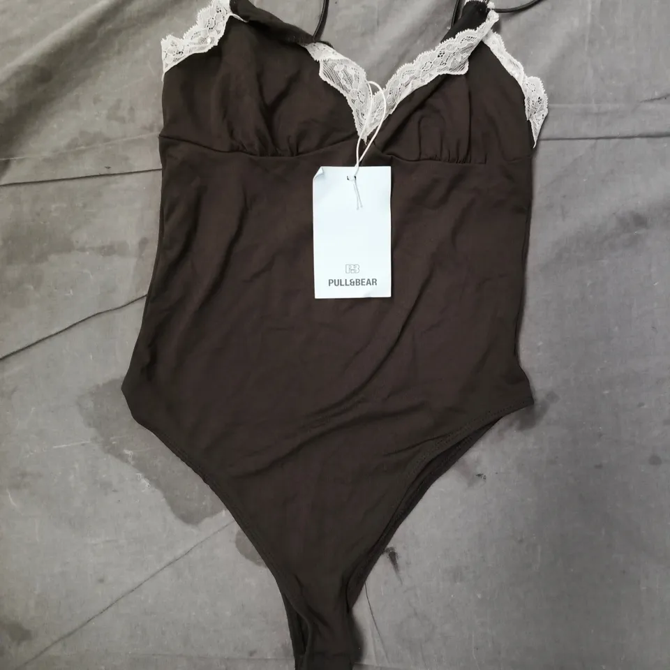 PULL & BEAR STRAPPY BALCONETTE LACE BODY SUIT IN CHOCOLATE SIZE SMALL
