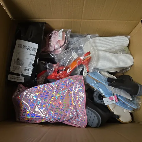 BOX OF APPROXIMATELY 12 PAIRS OF ASSORTED SHOES IN VARIOUS COLOUR, STYLES AND SIZES