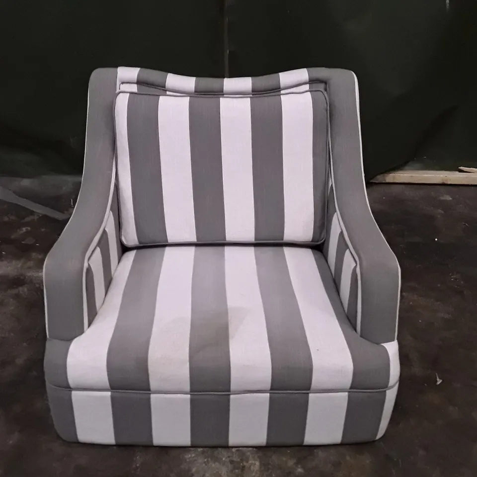 QUALITY DESIGNER ARMCHAIR - STRIPED WHITE/GREY FABRIC