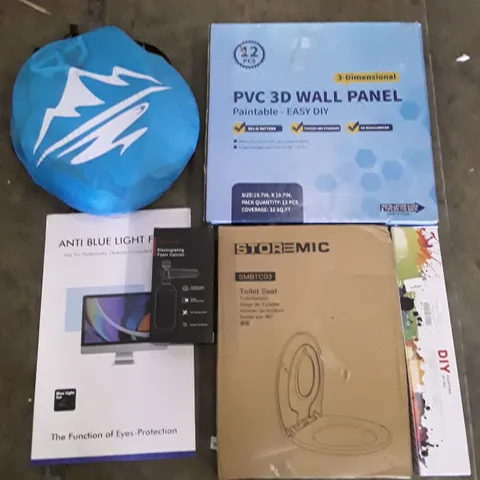 PALLET OF ASSORTED PRODUCTS INCLUDING POP UP TENT, ANTI BLUE LIGHT FILTER, PVC 3D WALL PANEL, ELECTROPLATING FOAM CANNON, TOILET SEST, DIY PAINTING BY NUMBERS