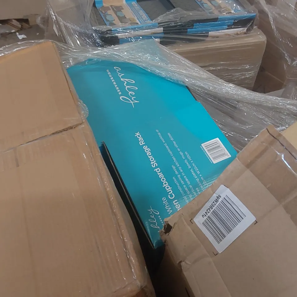 PALLET TO CONTAINING A VERY LARGE QUANTITY OF ASSORTED ITEMS INCLUDING: CAFETIERES, GLASSES, SHAPE SORTER BUS TOYS, CUPBOARD STORAGE RACKS ECT