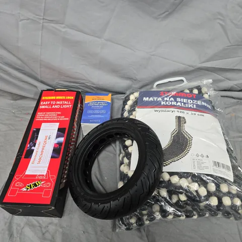 APPROXIMATELY 10 ASSORTED VEHICLE PARTS/ACCESSORIES TO INCLUDE WHEEL LOCK, COATING AGENT, BEADED CHAIR COVER ETC 