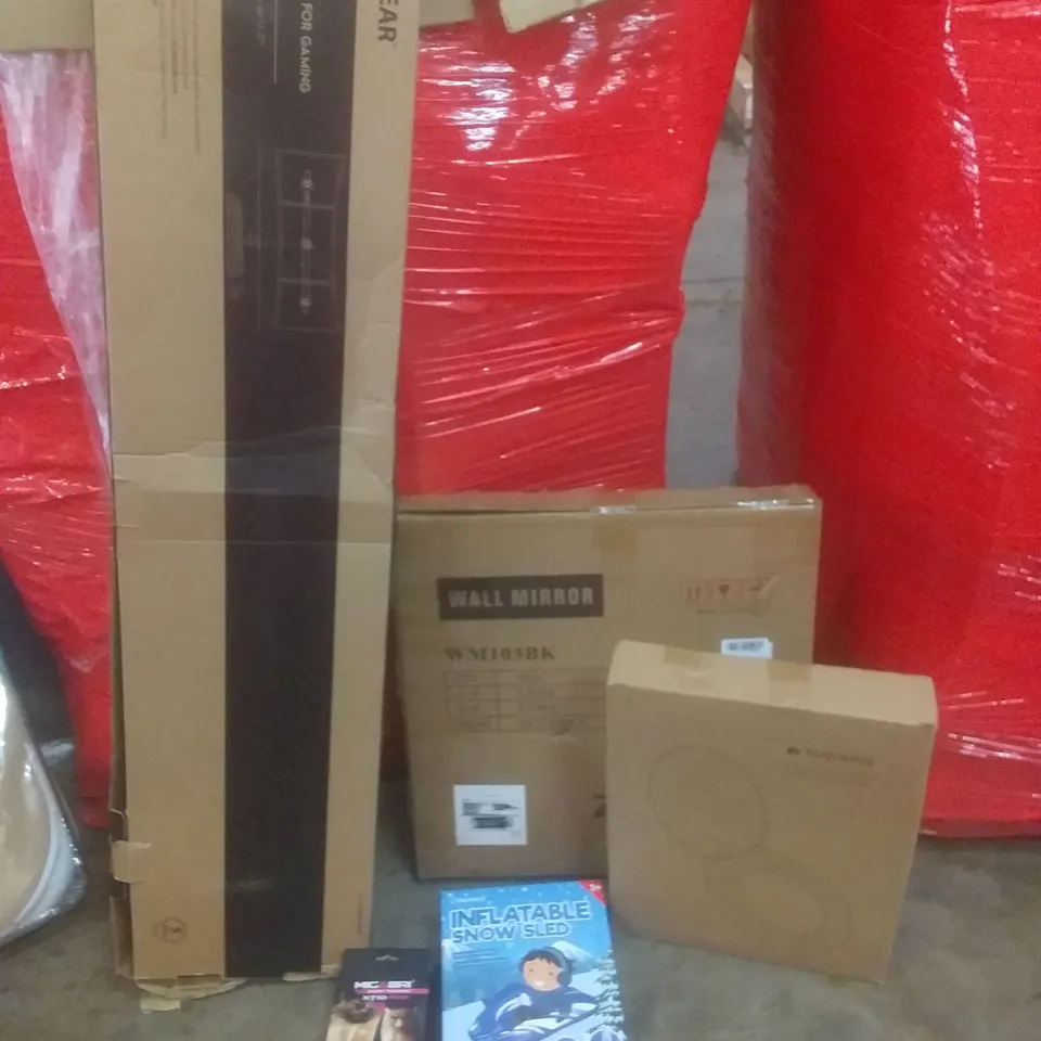 PALLET OF ASSORTED ITEMS INCLUDING GAMING MONITOR STAND, INFLATABLE SNOW SLED, WAIST TRAINERS, TOILET SEAT, WALL MIRROR