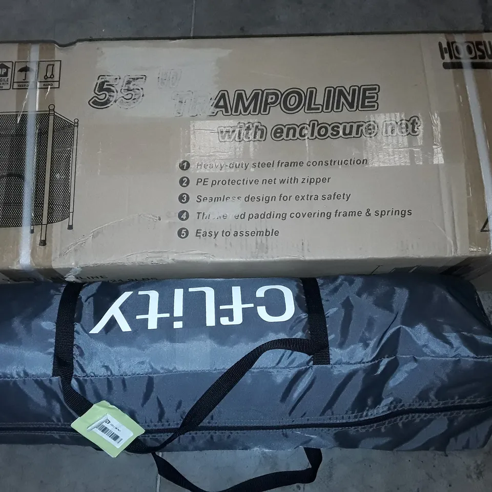 PALLET OF ASSORTED HOUSEHOLD ITEMS TO INCLUDE PORTABLE PET PENS, 55" TRAMPOLINES AND CAMPING TENT