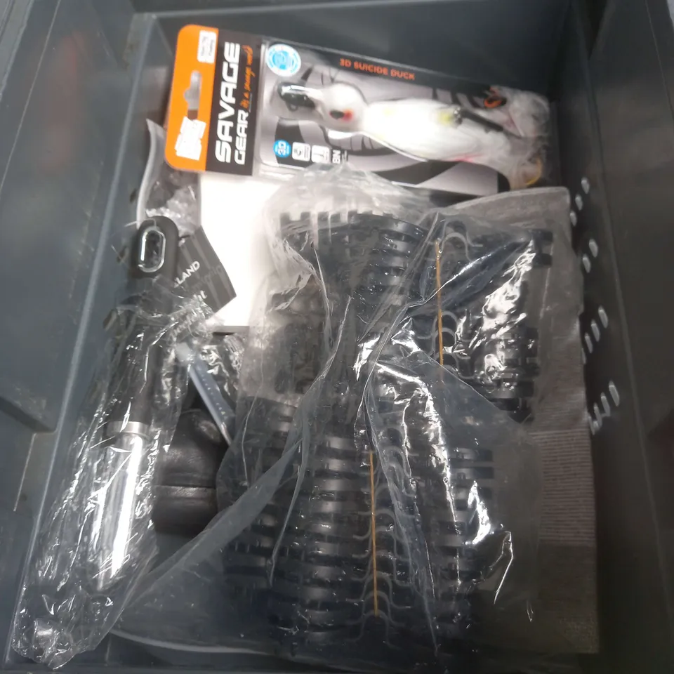 BOX OF APPROXIMATELY 15 HOUSEHOLD ITEMS TO INCLUDE - FLYING COLOURS LEICESTERSHIRE FLAG - SAVAGE GEAR 3D SUICIDE DUCK - MILWARD DRESSMAKING SHEARS - ETC