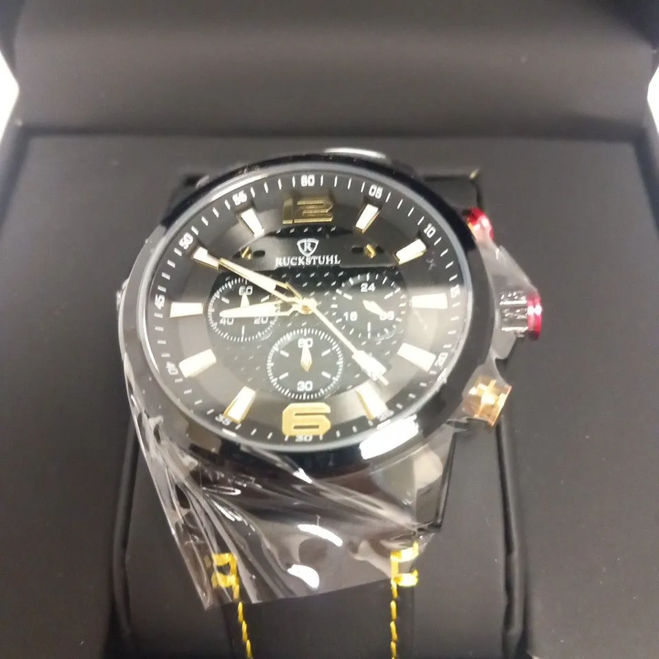 MEN’S RUCKSTUHL CHRONOGRAPH WATCH – MODEL R120 – BLACK MULTI-FUNCTION DIAL – BLACK GENUINE LEATHER STRAP – 3ATM WATER RESISTANT – RRP £530