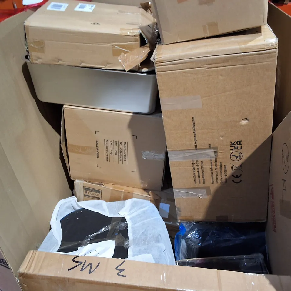 PALLET OF ASSORTED HOUSEHOLD ITEMS TO INCLUDE FOLDABLE BABY PLAYPEN, STAINLESS STEEL LITTER BOX AND ERGONOMIC DESK CHAIR