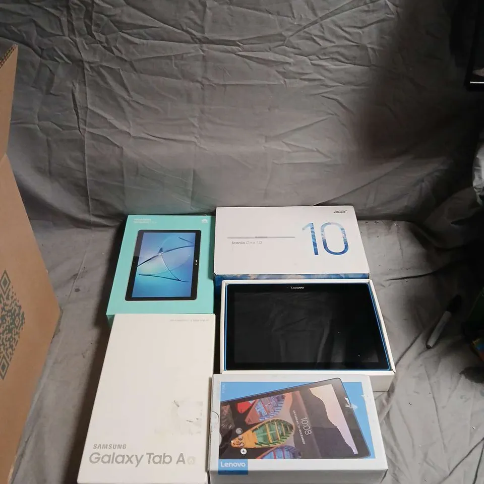 APPROXIMATELY 12 TABLETS IN BOXES – INCLUDING SAMSUNG GALAXY TAB A, ACER ICONIA ONE 10, LENOVO TABLETS. VARIOUS MAKES AND MODELS .