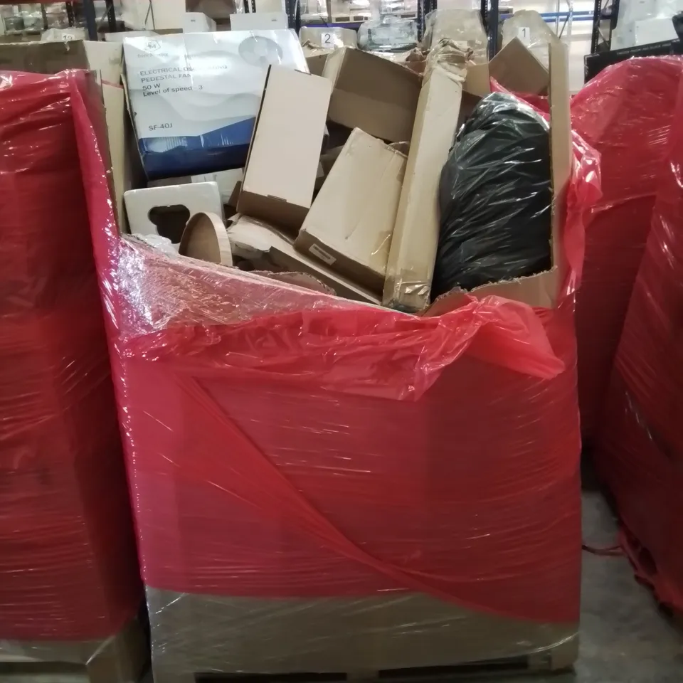 PALLET CONTAINING VARIOUS BOXED ITEMS TO INCLUDE OSCILLATING PEDESTAL FAN, LAUNDRY BASKET ETC.