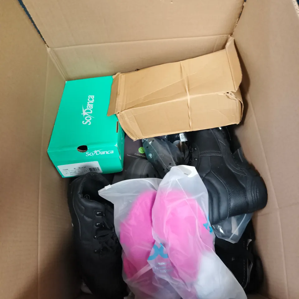 BOX OF APPROXIMATELY 18 ASSORTED FOOTWEAR ITEMS TO INCLUDE BLACK BOOTS, WEDGE SANDALS ETC