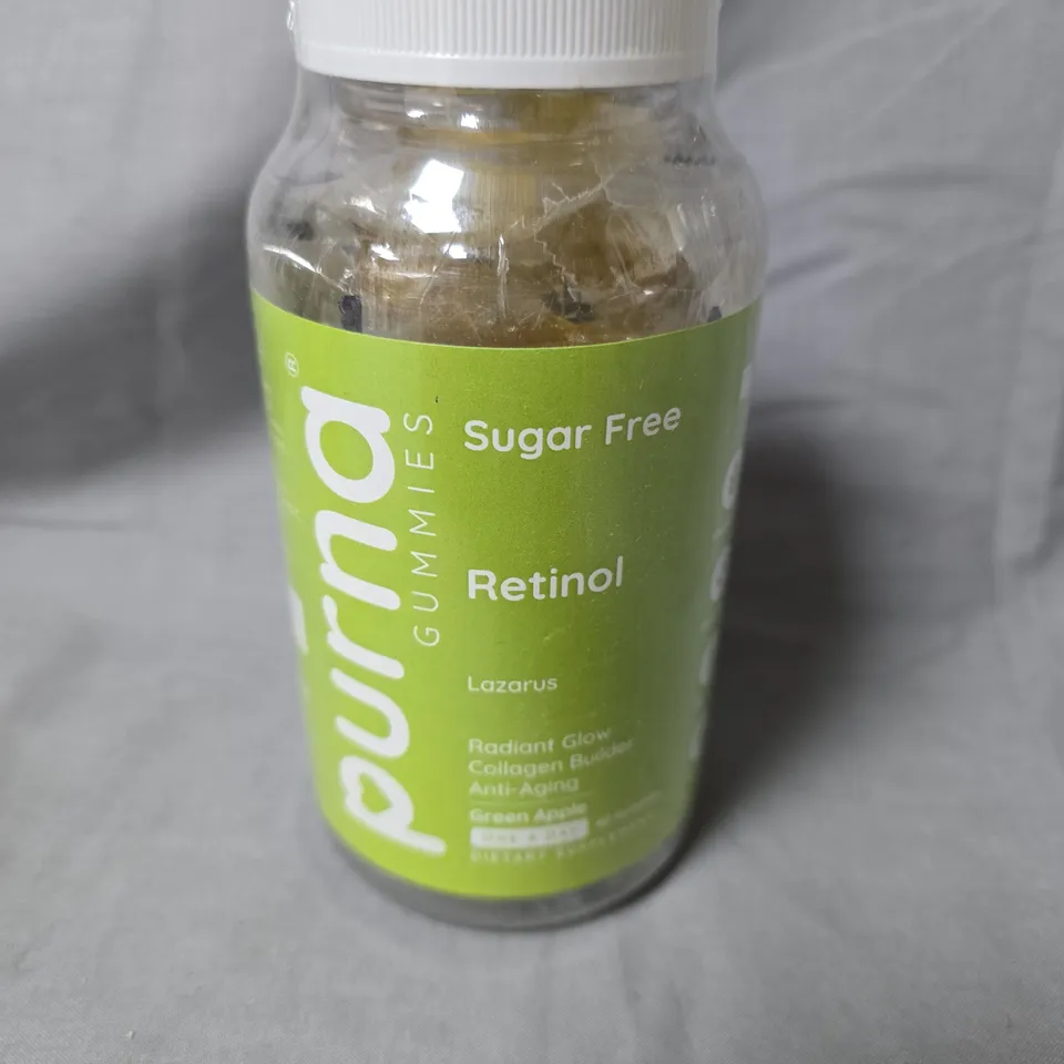 BOX OF APPROXIMATELY 18 JARS OF PURNA GUMMIES RETINOL SUGAR FREE – FACIAL SKIN CARE-EXPIRY DATE 2024 -GREEN APPLE 