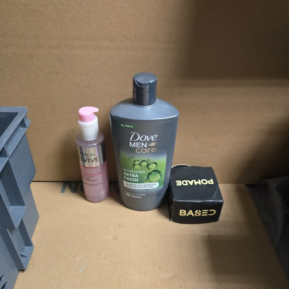 APPROXIMATELY 15 ASSORTED HEALTH & BEAUTY PRODUCTS TO INCLUDE DOVE MEN BODY WASH, BASED POMADE, L'OREAL ELVIVE GLOSS LEAVE IN SERUM ETC - COLLECTION ONLY