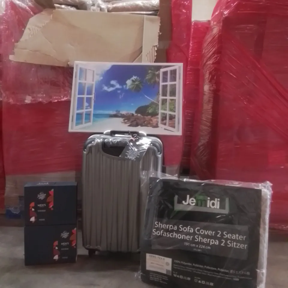 PALLET OF ASSORTED HOUSEHOLD GOODS AND FURNITURE TO INCLUDE; LARGE QUANTITY OF THE HANDMADE SOAP (MENS EDITION), VINGARDEVALISE WINE TRAVEL SUITCASE ETC 