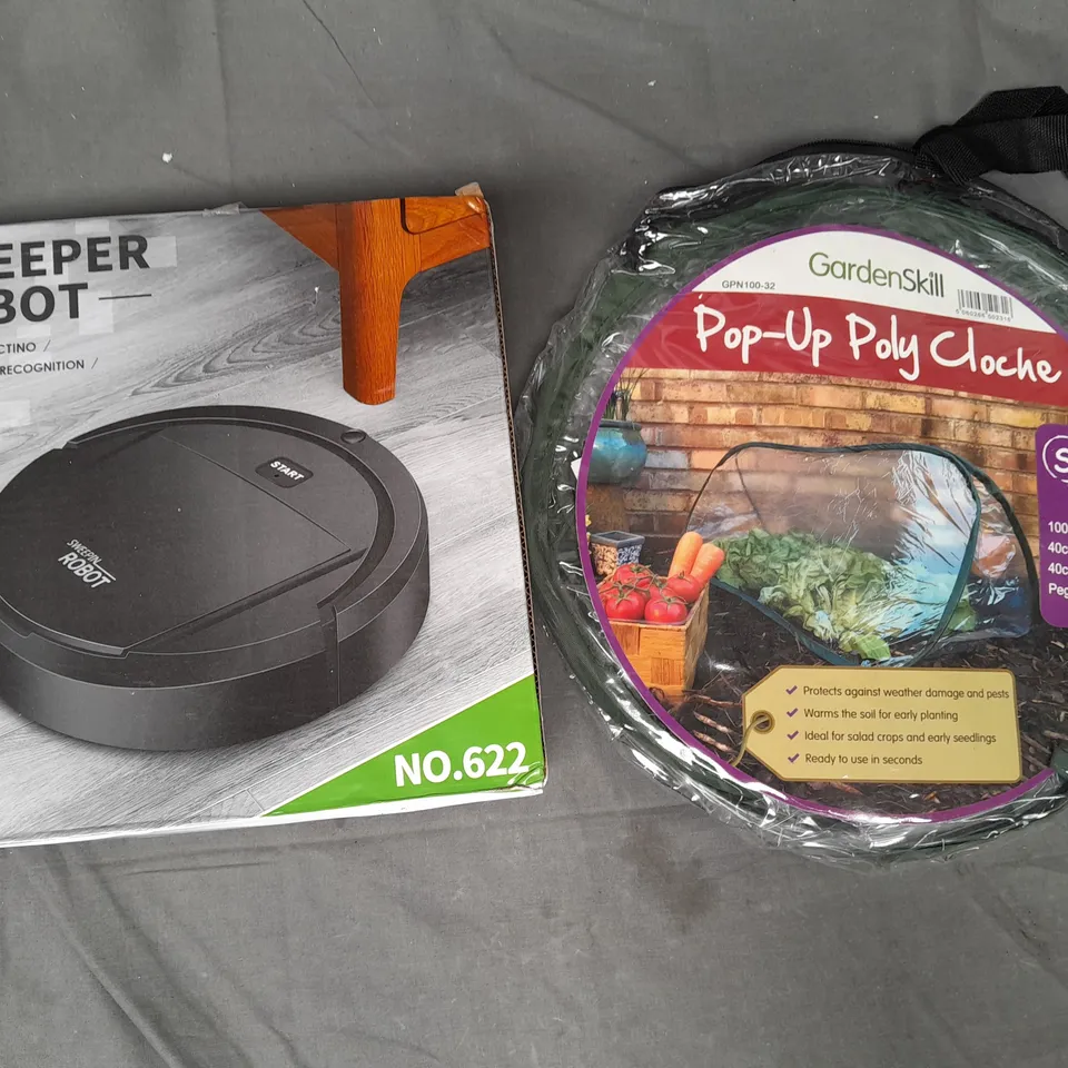 BOX OF APPROXIMATELY 20 ASSORTED HOUSEHOLD ITEMS TO INCLUDE SWEEPER ROBOT, POP-UP POLY CLOCHE, ETC