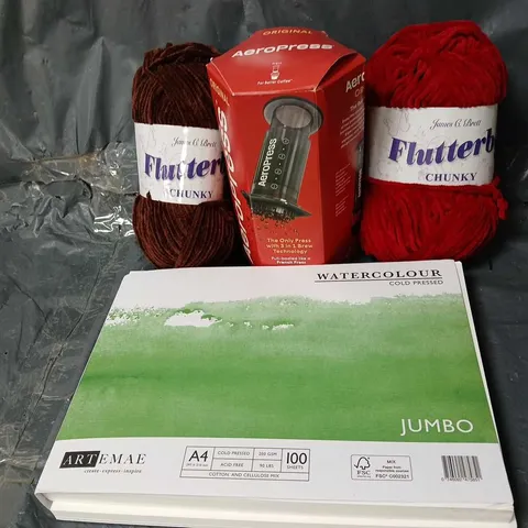 APPROXIMATELY 15 ASSORTED HOUSEHOLD ITEMS TO INCLUDE YARN, WATERCOLOUR A4 PAPER, AEROPRESS, ETC