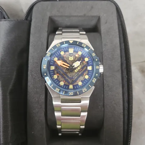 RGMT STAINLESS STEEL WATCH WITH BLUE BEZEL – SKELETON DIAL