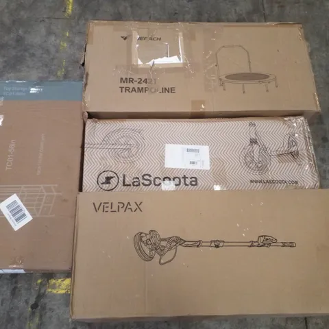 PALLET CONTAINING ASSORTED PRODUCTS INCLUDING TRAMPOLINE, LASCOOTA KIDS SCOOTER, DRYWALL SANDER & TOY STORAGE RACK