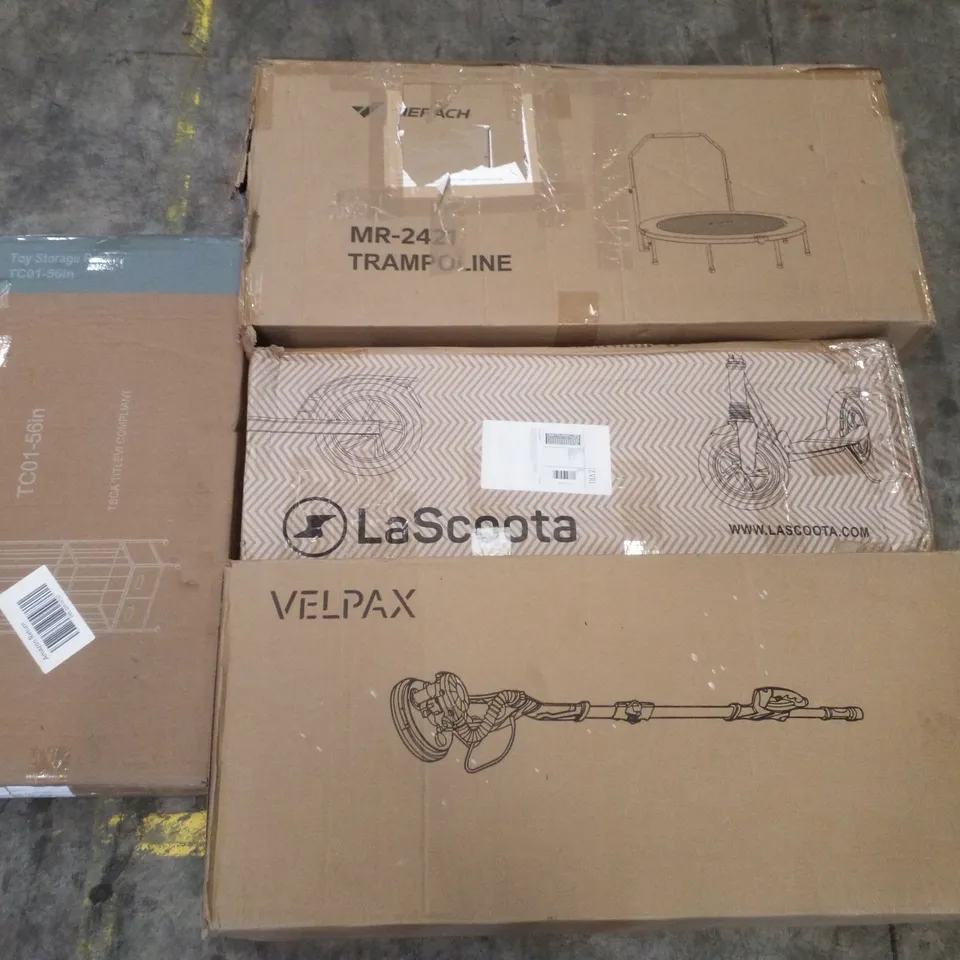 PALLET CONTAINING ASSORTED PRODUCTS INCLUDING TRAMPOLINE, LASCOOTA KIDS SCOOTER, DRYWALL SANDER & TOY STORAGE RACK