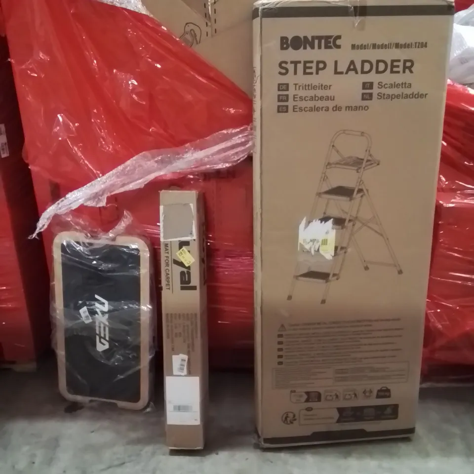 PALLET OF ASSORTED HOUSEHOLD GOODS AND PRODUCTS TO INCLUDE;RETRACTABLE SAFETY GATE,FITNESS STEPPER,STEP LADDERS