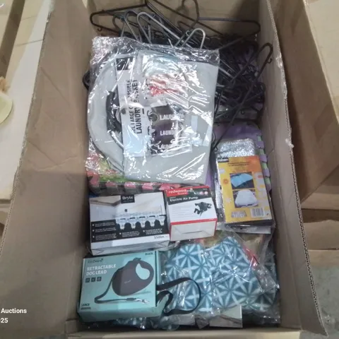 ASSORTED BOX TO CONTAIN ELECTRIC AIR PUMPS, RETRACTABLE DOG LEAD, CEILING LIGHTS ETC