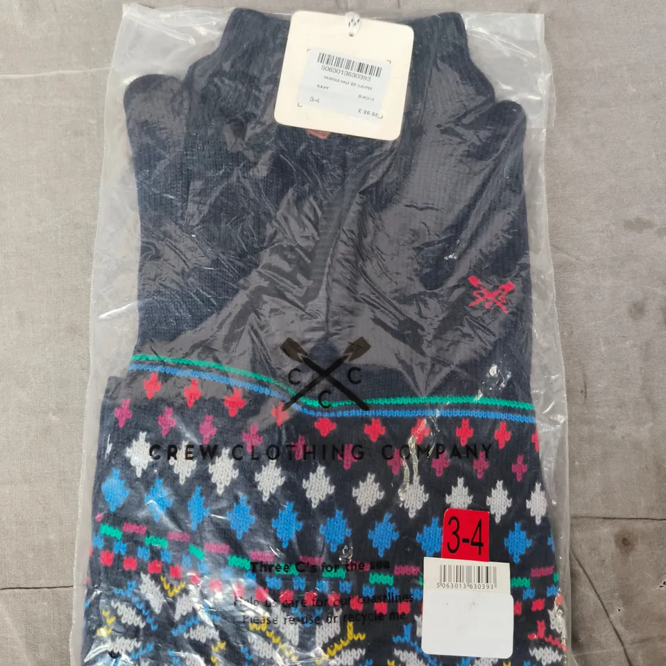 BAGGED CREW CLOTHING COMPANY FAIRISLE HALF ZIP JUMPER IN NAVY SIZE 3-4