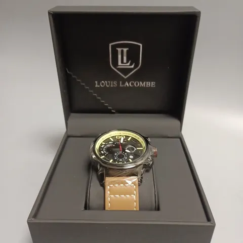 MENS LOUIS LACOMBE CHRONGRAPH WATCH – 3 SUB DIALS – BLACK CASE – LEATHER STRAP