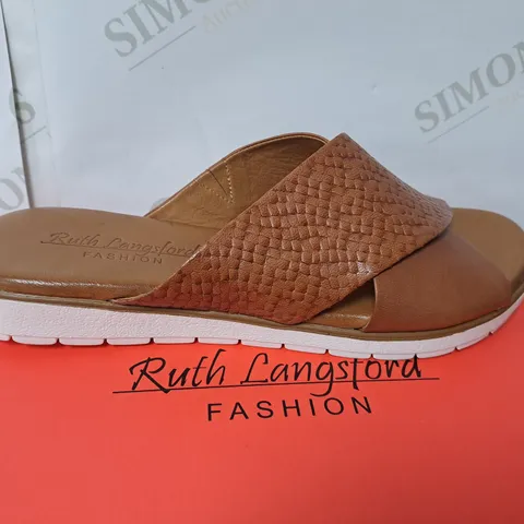 BOXED PAIR OF RUTH LANGSFORD FLAT SLIDE SANDALS IN TAN SIZE 5