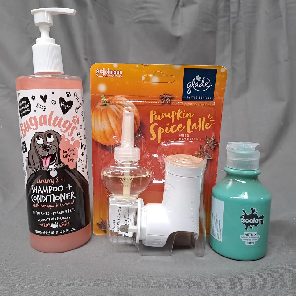 APPROXIMATELY 10 ASSORTED HOUSEHOLD ITEMS TO INCLUDE BUGALUGS SHAMPOO & CONDITIONER, PAINT, ETC