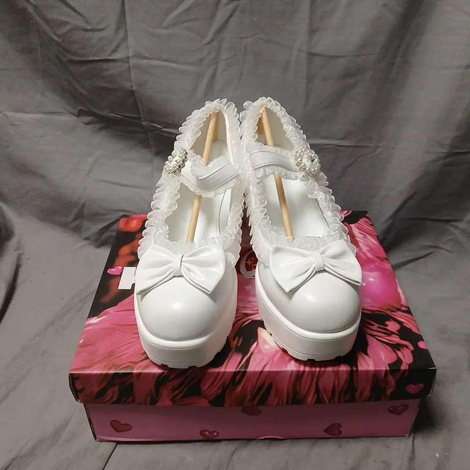 BOXED PAIR OF KOI TIRA RUFFLE MARY JANES PORCELAIN DELIGHTS EDITION IN WHITE SIZE UK 11