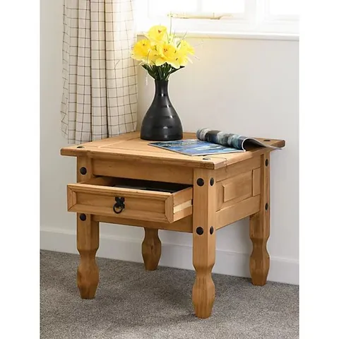 BOXED SECONIQUE CORONA 1 DRAWER LAMP TABLE IN DISTRESSED WAXED PINE (1 BOX)