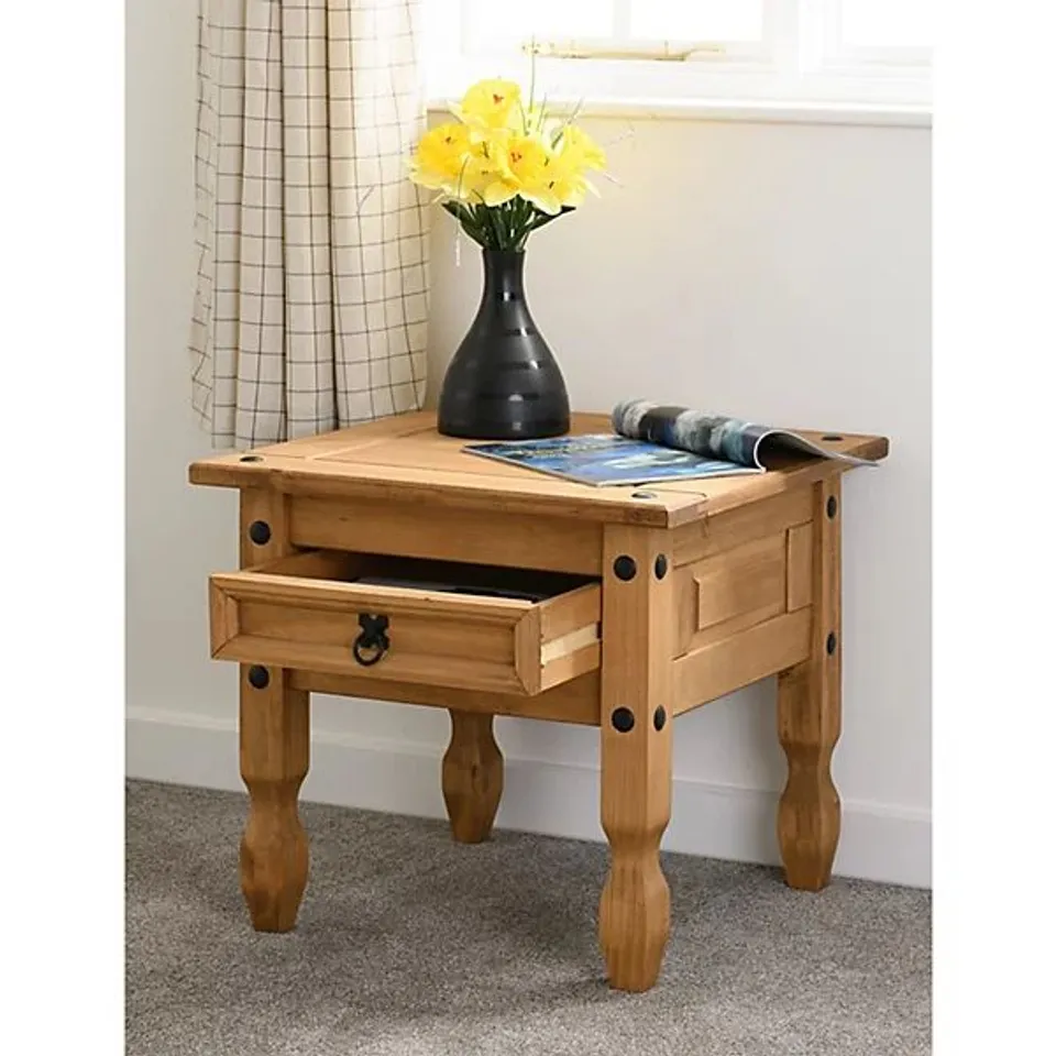 BOXED SECONIQUE CORONA 1 DRAWER LAMP TABLE IN DISTRESSED WAXED PINE (1 BOX)