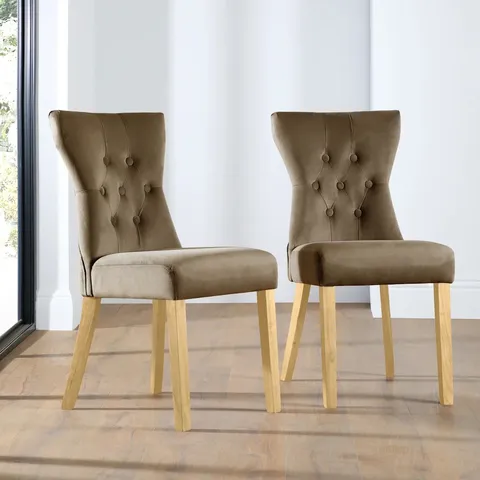 BOXED BEWLEY DINING CHAIR, BEIGE CLASSIC VELVET & NATURAL OAK FINISHED SOLID HARDWOOD LEGS (1 BOX)