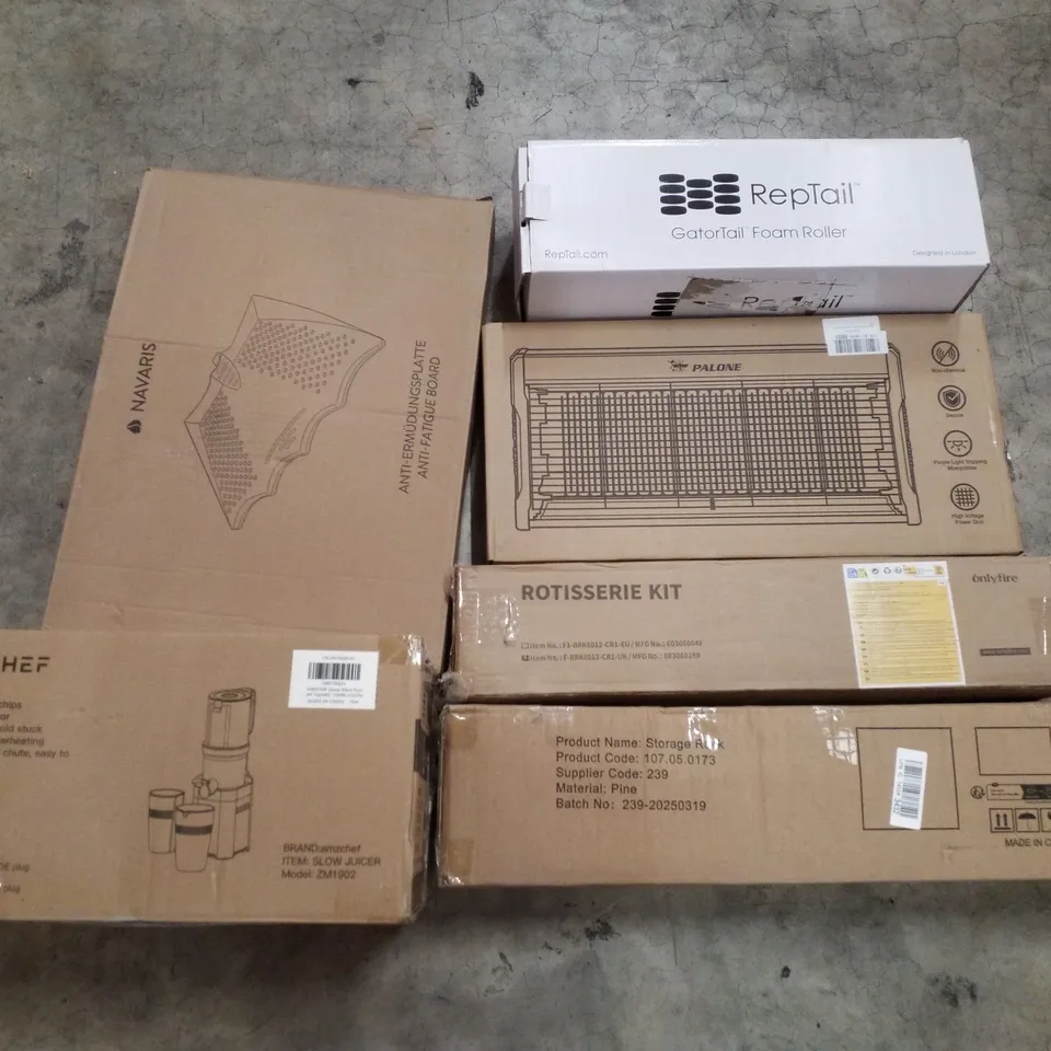 PALLET CONTAINING VARIOUS ASSORTED BOXED HOUSEHOLD ITEMS TO INCLUDE: GATORTAIL FOAM ROLLER, ROTISSERIE KIT, STORAGE RACK,BUG ZAPPER, ANTI FATIGUE BOARD, SLOW JUICER AND LOTS MORE UNMARKED BOXED ITEMS 