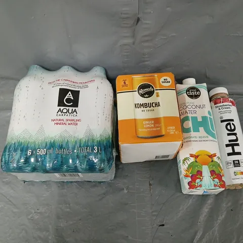 TOTE OF APPROXIMATELY 10 ASSORTED DRINKS ITEMS TO INCLUDE - AQUA CARPATICA WATER, KOMBUCHA, AND HUEL ETC. 