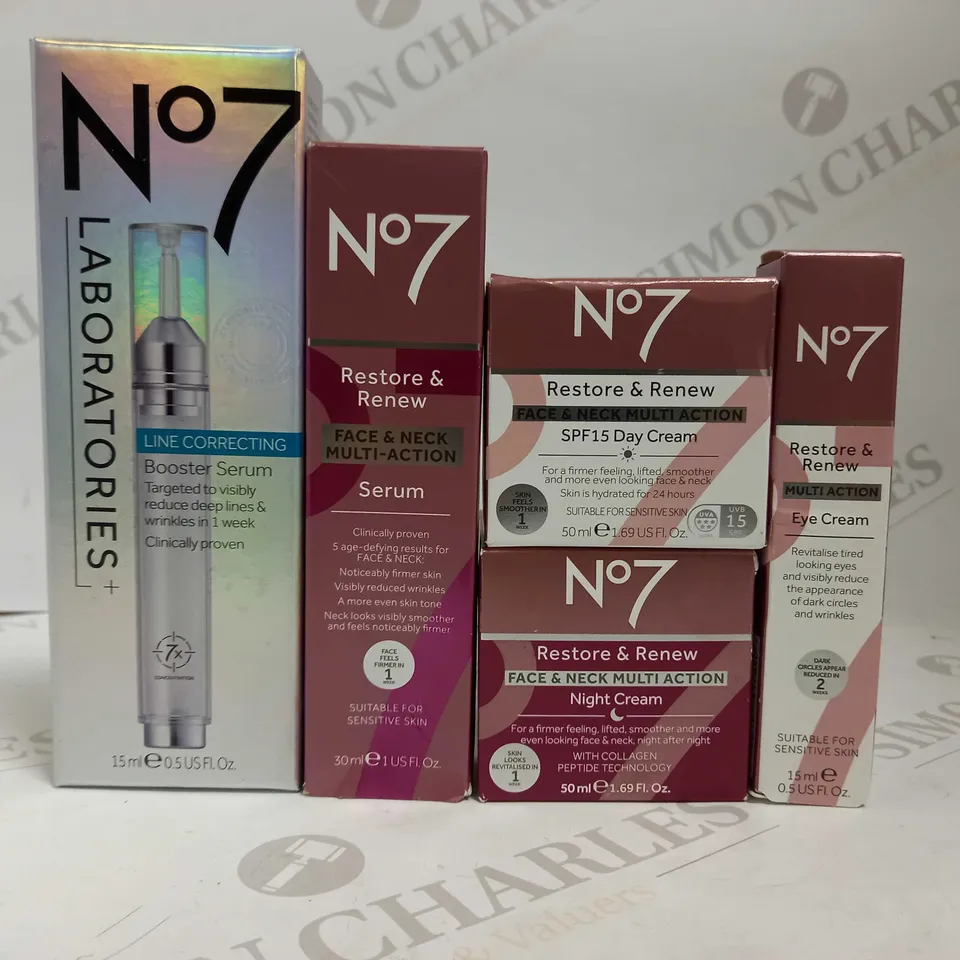 NO 7 SET OF 5 SKINCARE ITEMS