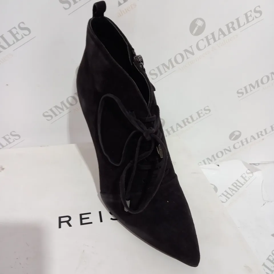 BOXED REISS SUEDE CHOCOLATE BOOT HEELS - SIZE 7