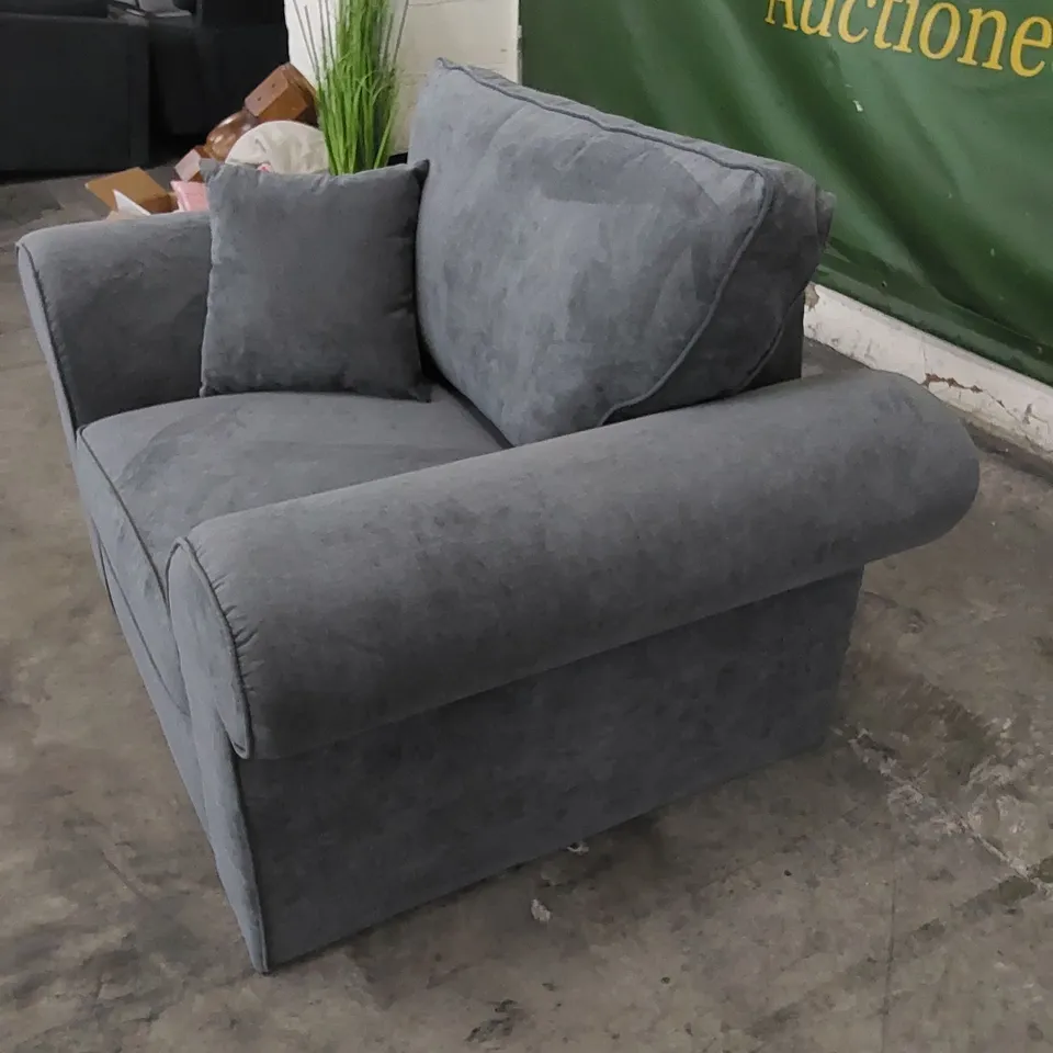 DESIGNER ARMCHAIR UPHOLSTERED IN GREY FABRIC 