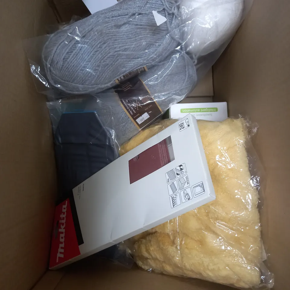 BOX OF APPROXIMATELY 10 HOUSEHOLD ITEMS TO CONTAIN PORTABLE WIRELESS FAN, NATURALLY MED OLIVE WOOD CHOPPING BOARD, GOOD OLD FASHION KNITTING YARN ETC 