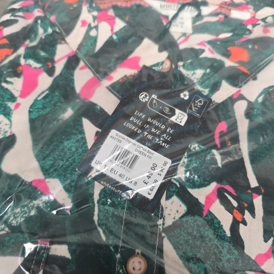 BAGGED WHITE STUFF ORGANIC COTTON SHIRT – GREEN/PINK LEAF PRINT (UK 12)