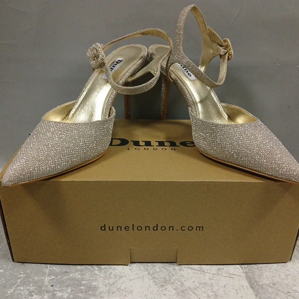 BOXED PAIR OF DUNE LONDON 398 CHANNEL POINTED TOE HIGH HEELS IN GOLD GLITTER SIZE EU 38