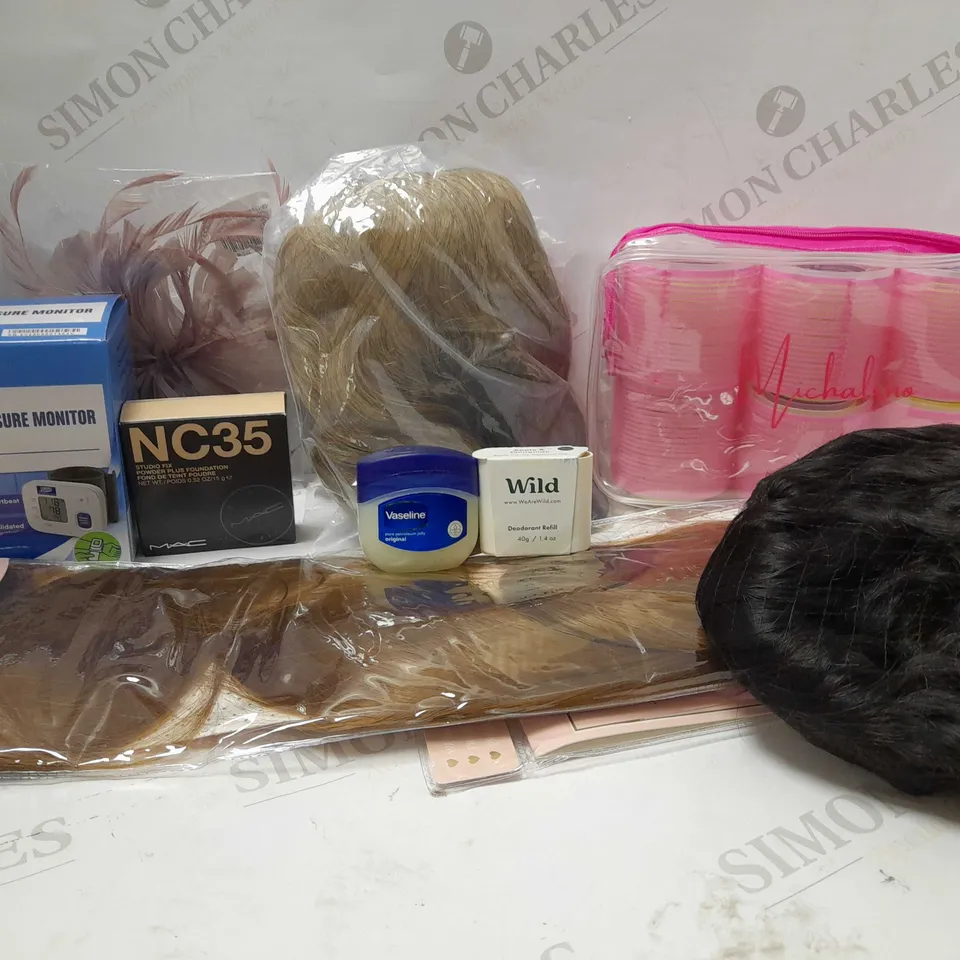 LOT OF APPROX 12 ASSORTED BEAUTY PRODUCTS TO INCLUDE MAC POWDER FOUNDATION - NC35, BLOOD PRESSURE MONITOR, VASELINE JELLY, ETC