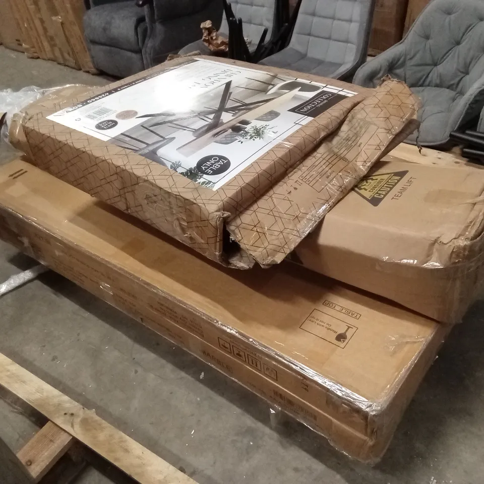 PALLET OF ASSORTED DESIGNER DINING TABLE PARTS AND PIECES