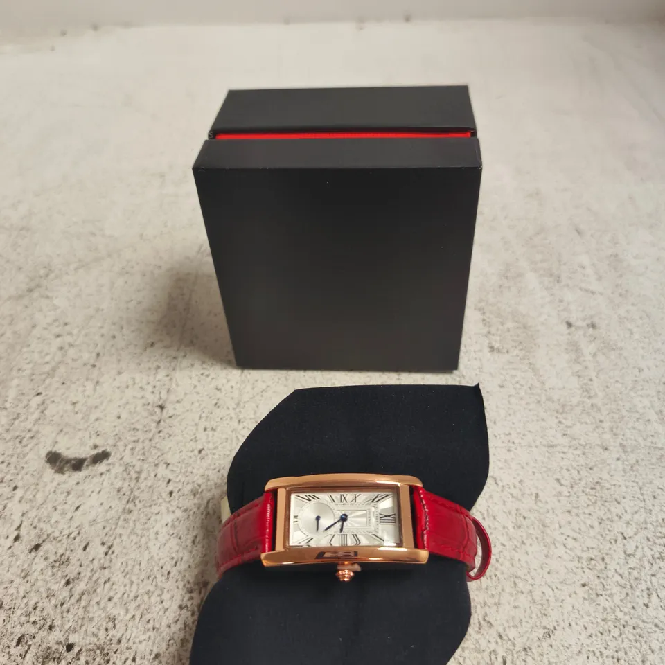 STOCKWELL RECTANGULAR DRESS WATCH WITH RED LEATHER STRAP – GOLD-TONE CASE