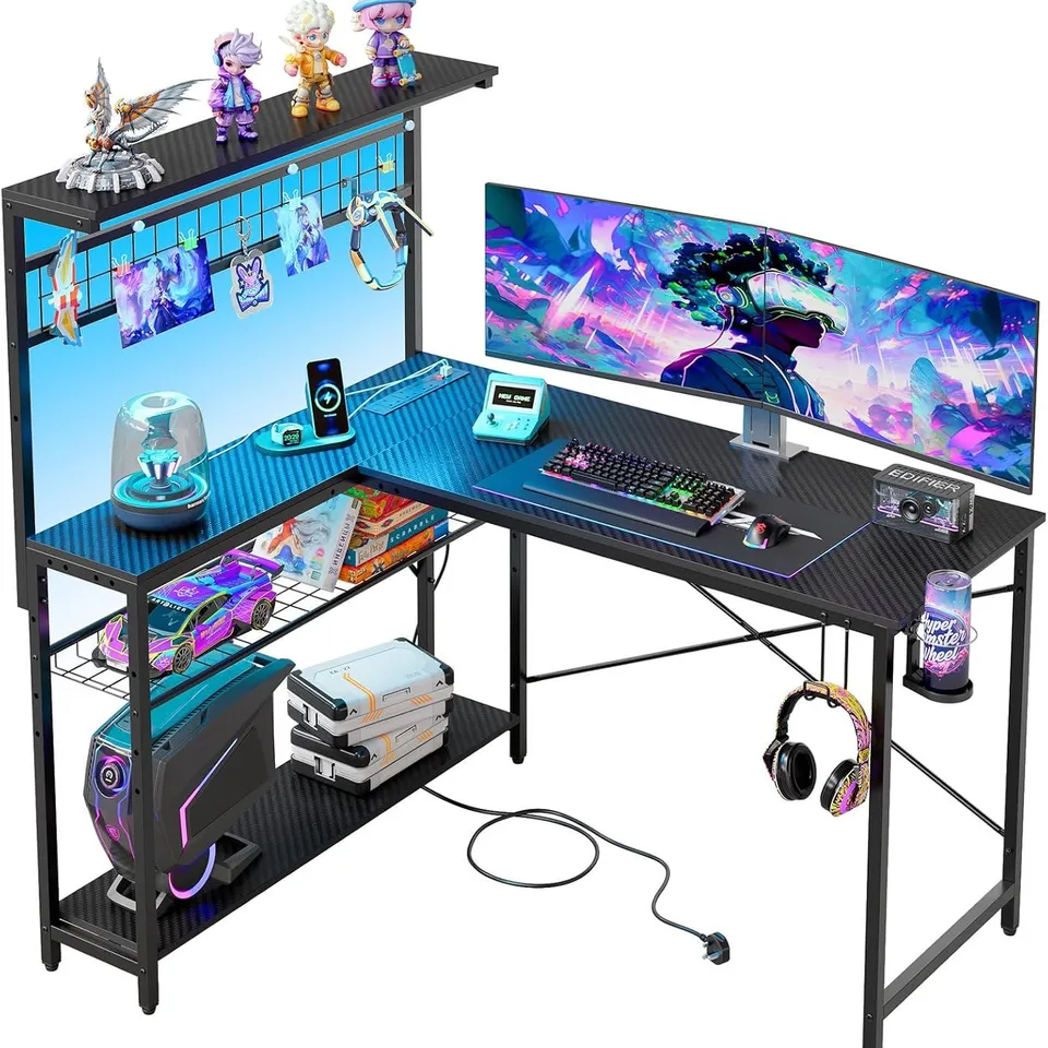 BOXED BESTIER L-SHAPED GAMING DESK WITH POWER OUTLETS - BLACK (1 BOX)